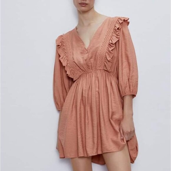 Zara Marsala Peach Ruffled Mini Dress - Picture 1 of 6
